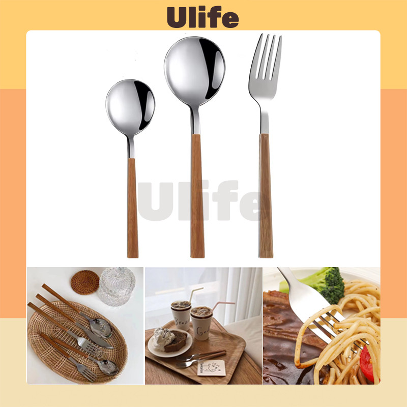 Sendok Garpu Stainless Steel / Set Alat Makan Korea / Sendok Garpu Stainless Handle Kayu