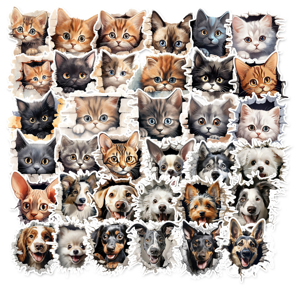 

50 Pcs Cartoon Dog Cat Theme Stickers, Funny Peeking Animals Stickers For Laptop Water Bottle Scrapbook Phones