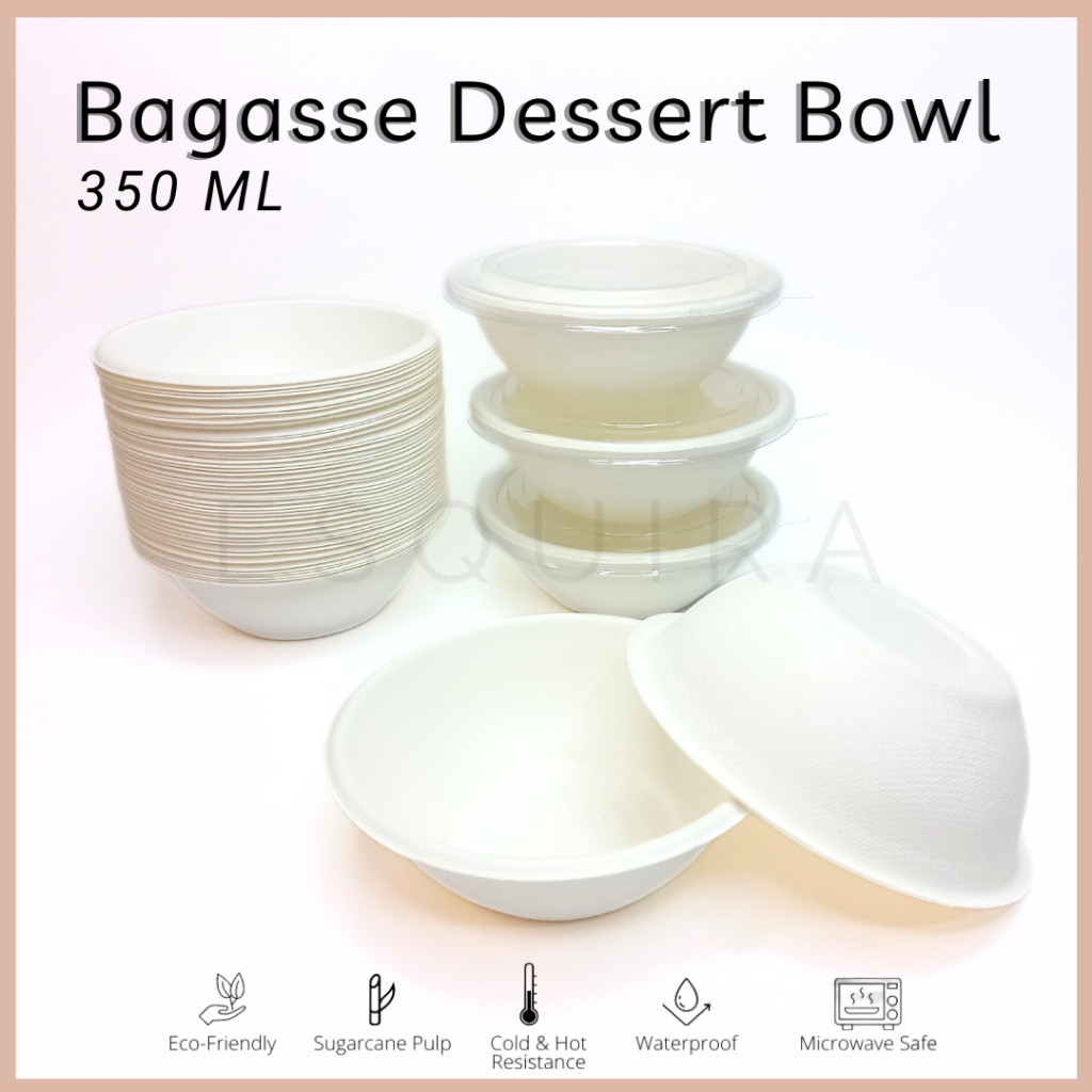 (ECO) Bagasse White Dessert Bowl + PET Lid 10pcs 350 ML / BG350