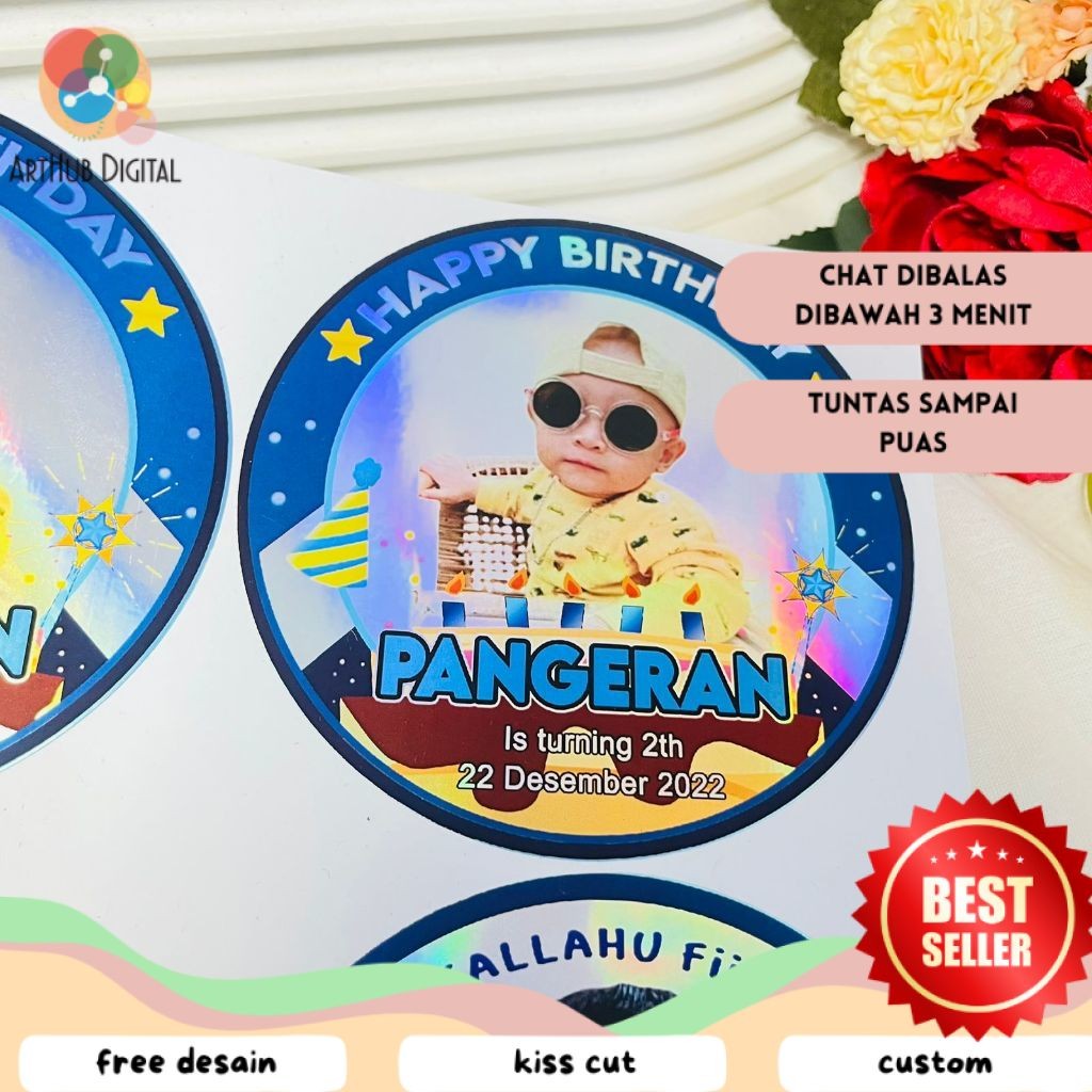 

AHD Sticker Bulat Hologram Ulang Tahun Stiker Label Undangan Happy Birthday Kecil Free Desain