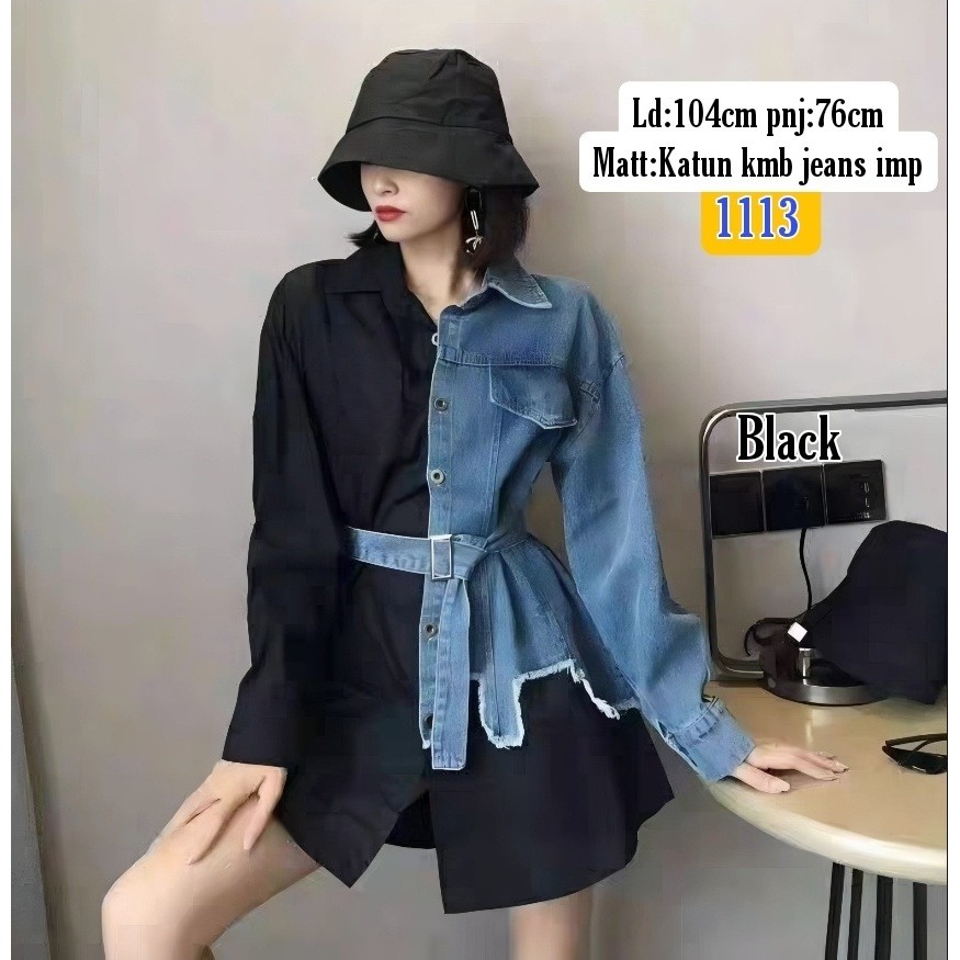 1113 Kemeja Tunik Wanita Super Cantik IMPORT China 🇨🇳 bahan Katun Kombinasi Jeans Premium - 50