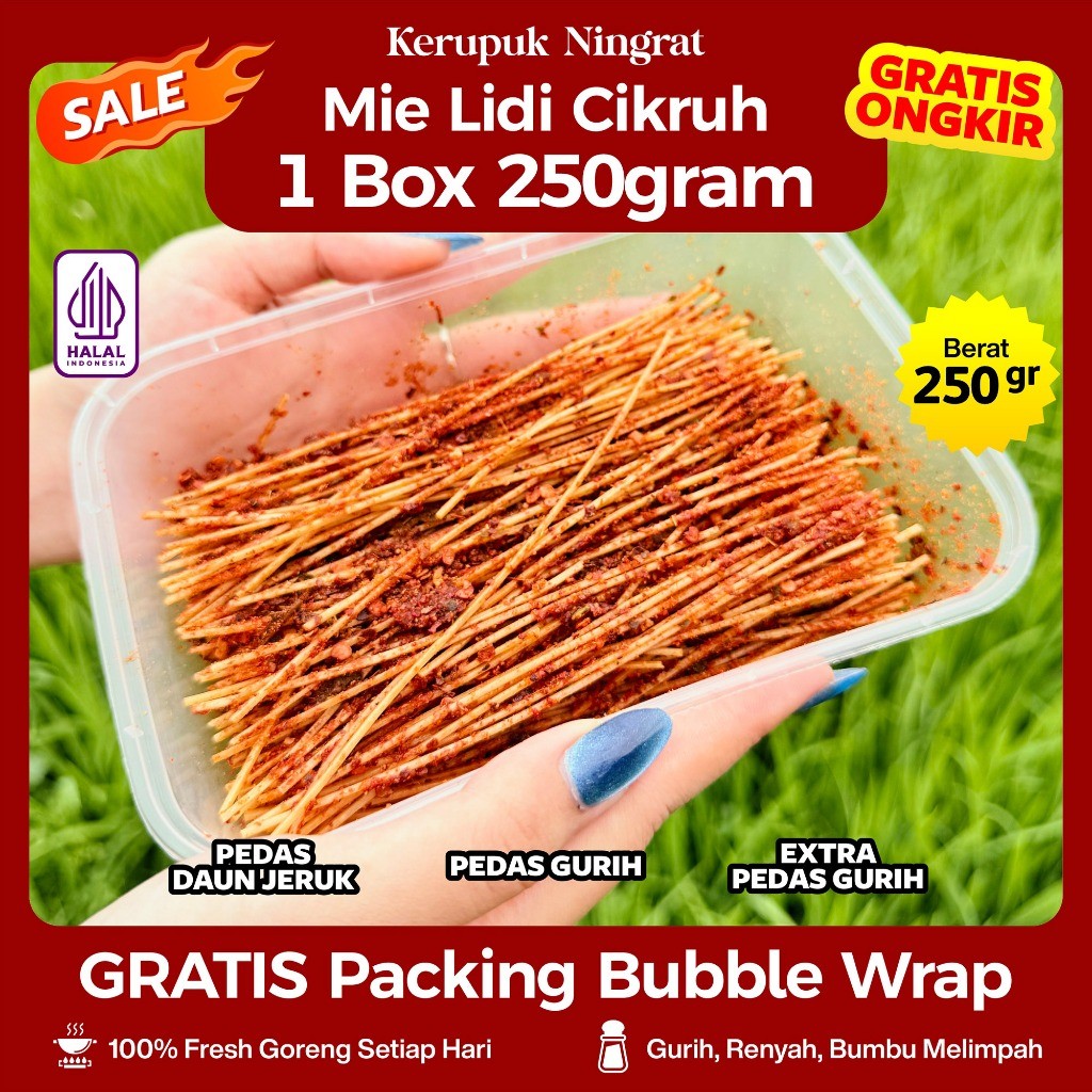 

1box Mie Lidi Cikruh 250gr Pedas Gurih & Pedas Daun Jeruk Halal Food Snack Camilan Crispy