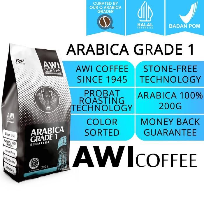 

Awi Coffee Arabica Grade One Blend For Cafe 200Gr Biji/Bubuk | 100% Arabica| Bean / Ground Dairy Free Natural Low Fat - Beans(Biji)