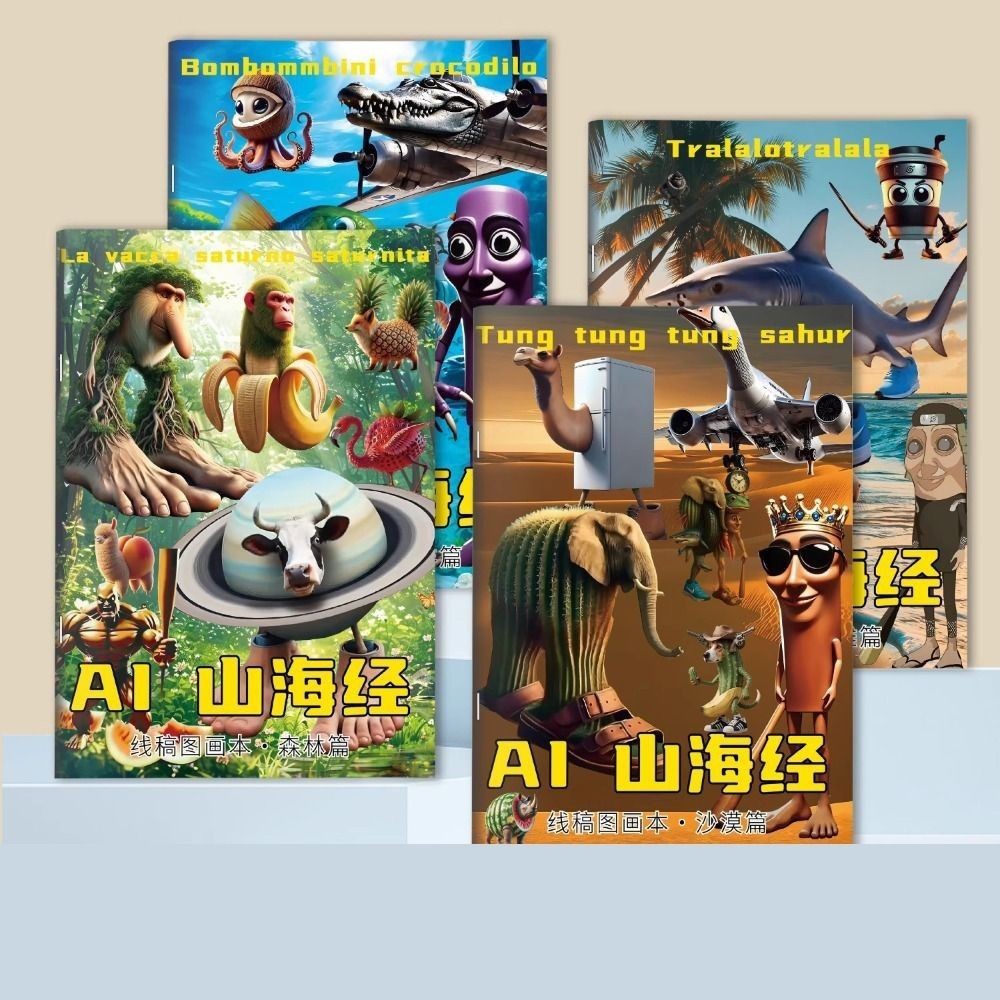 

AI Shan Hai Jing Tungtungsahur Cartoon Coloring Book Bombommbini crocodilo Tung tung tung sahur Graffiti Copy Sketch Book