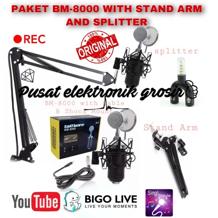 BM-8000 Condenser Mic Podcast Recording Stand Arm Splitter Komplit Ori by Blezzy store