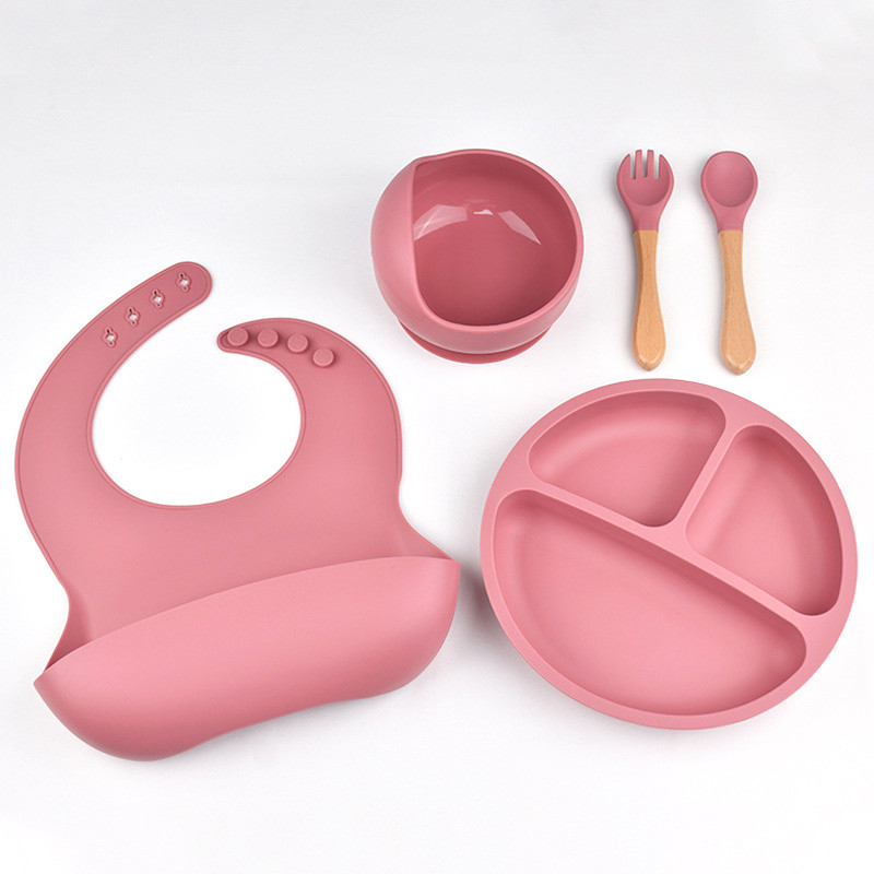 

5PCS Children's Safe Silicone Tableware Baby Feeding Set Waterproof Bib Kids Sucker Dinner Plate Antislip Bowl With Fork Spoon