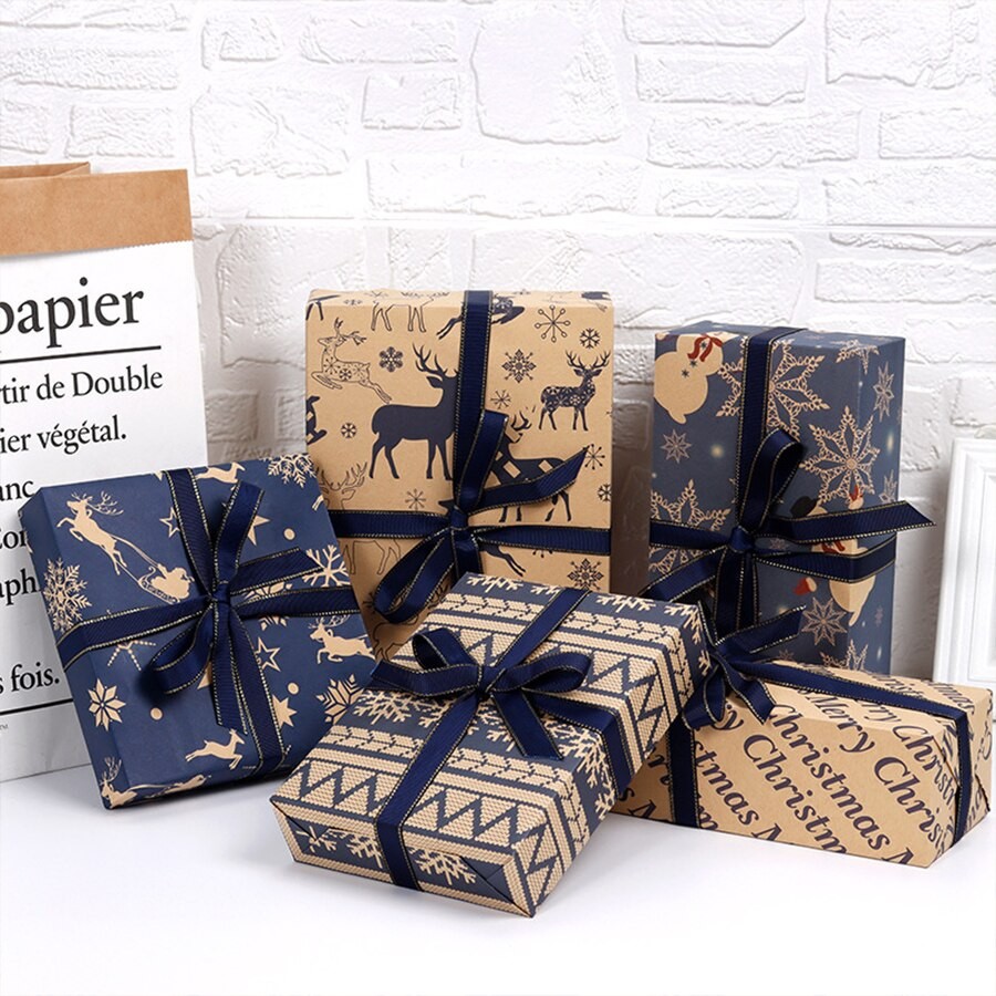 

5pcs50*76cm Christmas Gift Wrapping Paper Elk Snowman Decorative Kraft Paper Origami Wrapping Paper Mixed Random