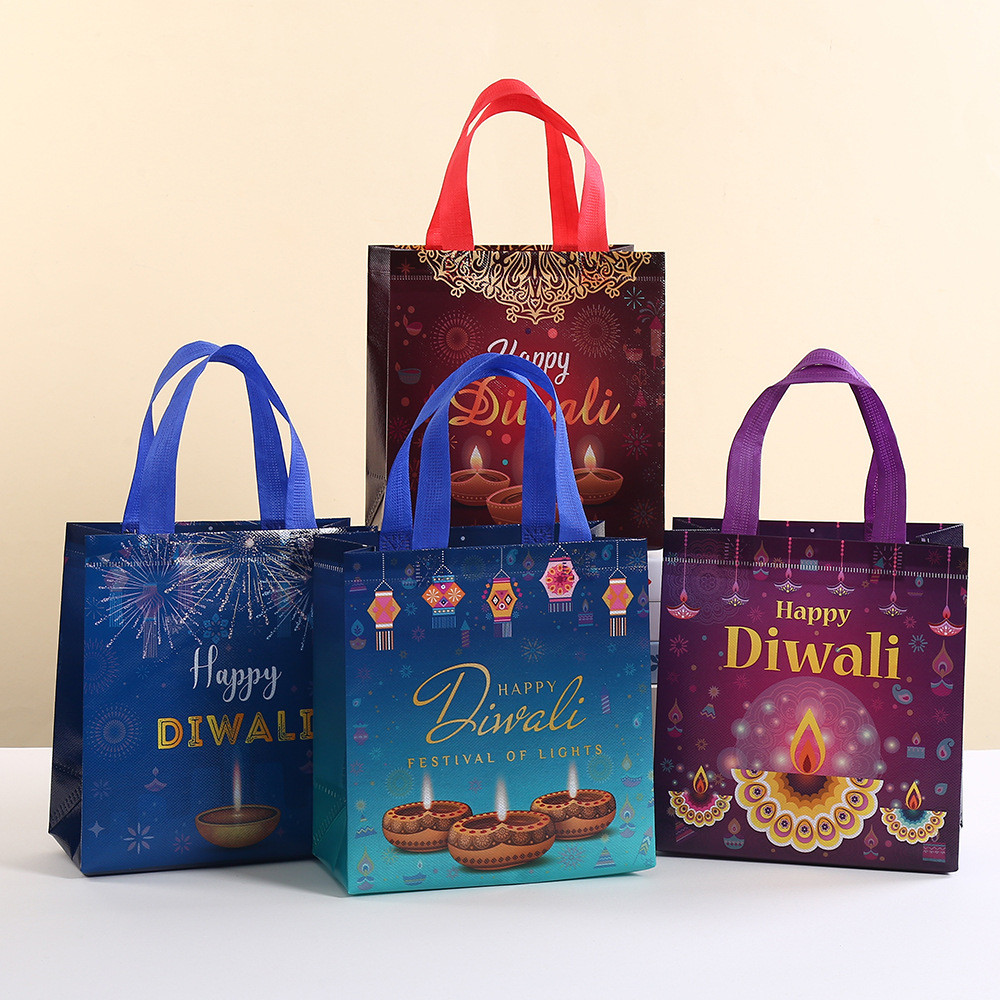 

4Pcs Happy Diwali Theme Gift Packing Bag Non-Woven Shopping Tote Bag for India Diwali Festival Party Favors Bag Decoration