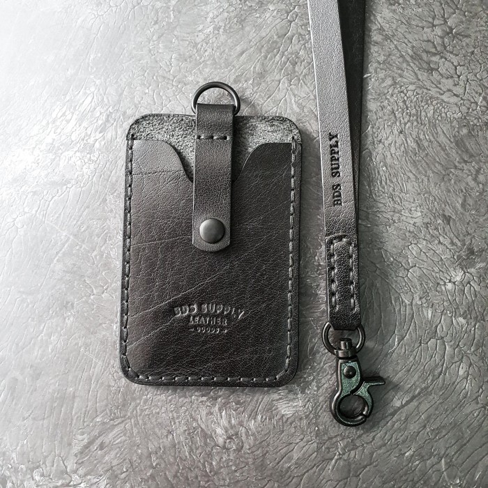 

CAFFREY BLACK BUFFALO - Leather Lanyard ID card Holder , double slot