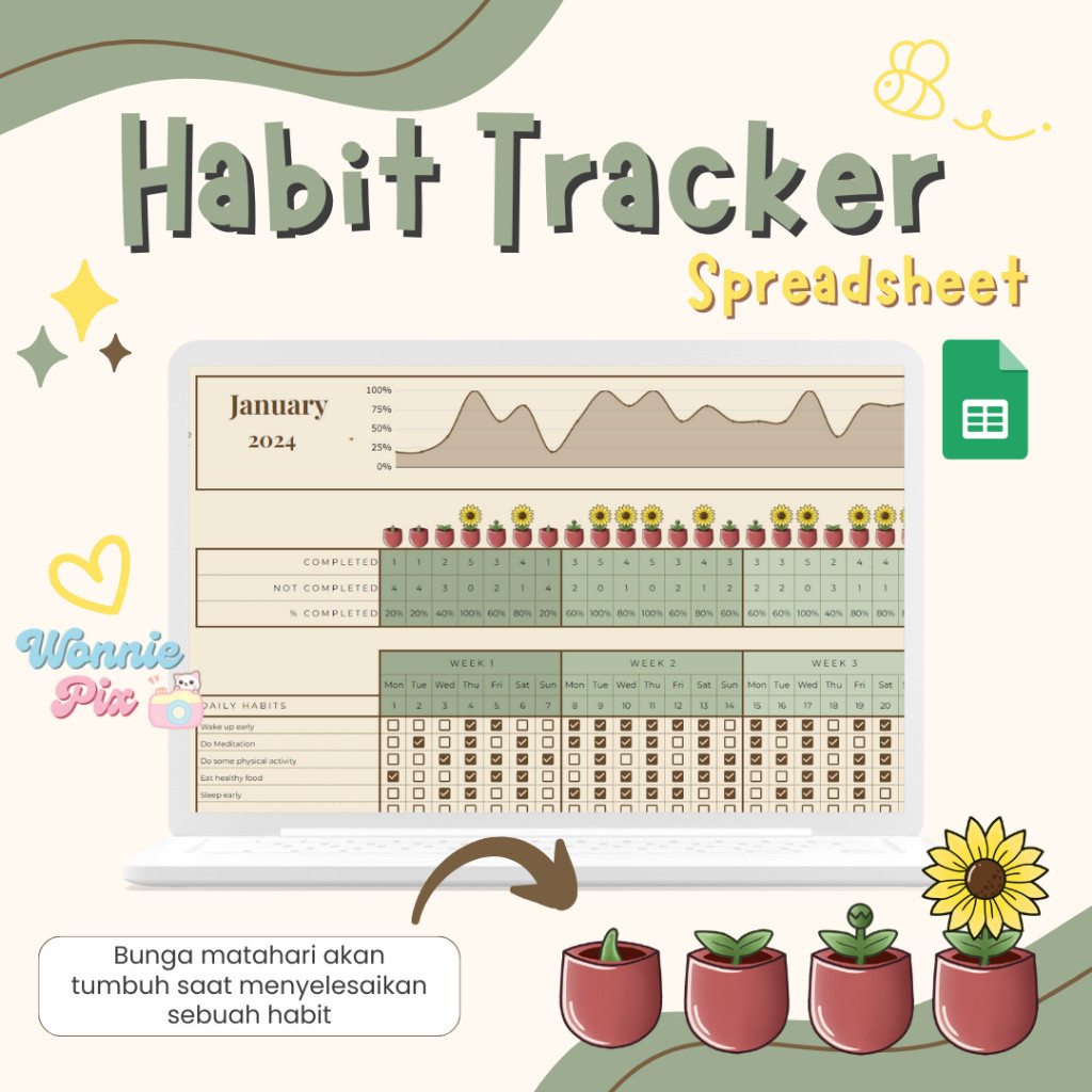 

Brikfid.pro Habit Tracker Spreadsheet - Sunflower | Daily Weekly Monthly Habit Planner | Goal Planner | Digital Dashboard | Simple Tasks Planner Termurah