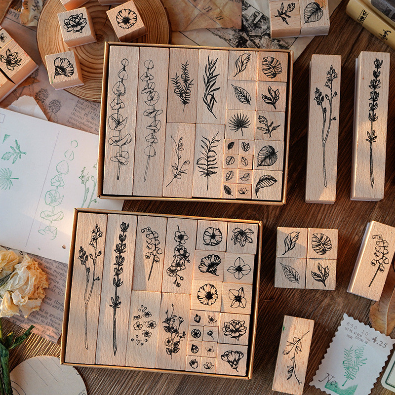 

22 Pcs/set Wood Mounted Rubber Stamps Plant And Flower Decorative Wooden Rubber Stamp Set For Diy Craft Diary Craft Scrapbooking