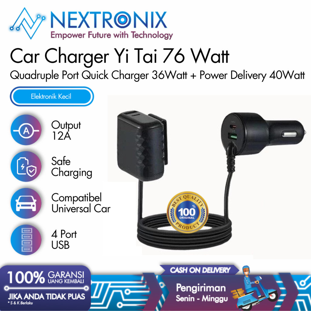 [NEXTRONIX] Car Charger Yi Tai 76Watt - Quadruple Port Quick Charger 36Watt + Power Delivery 40Watt