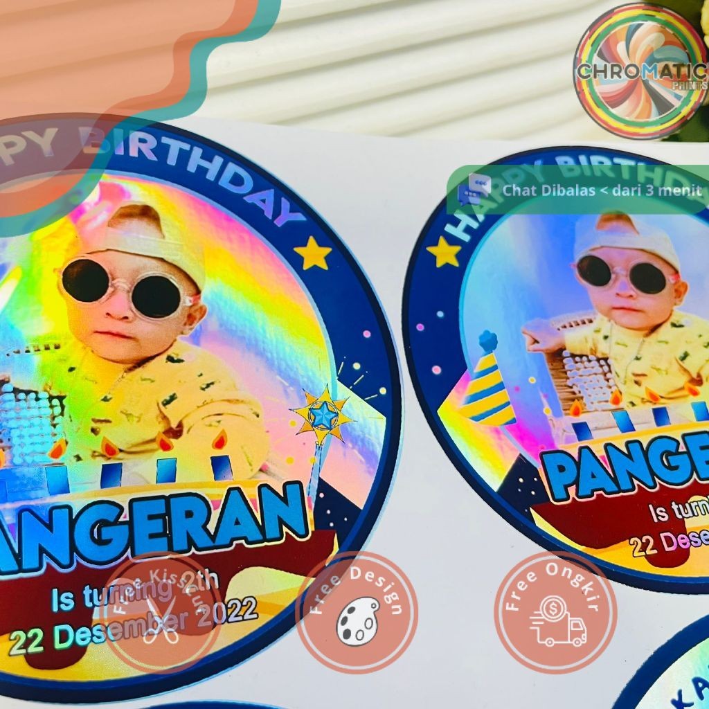 

chromatic 9-15 Sticker Ulang Tahun Anak Hologram Anti Air Stiker Label Happy Birthday Besar