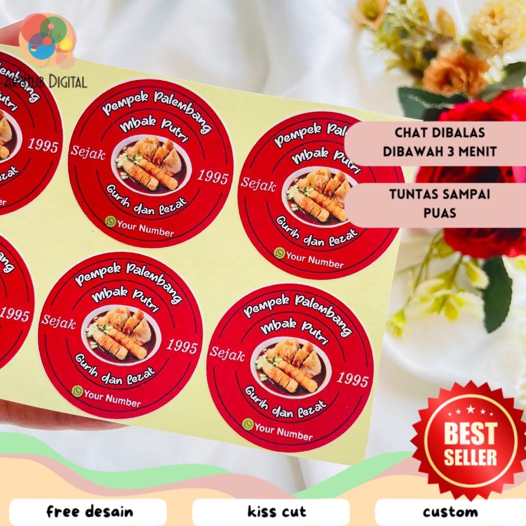 

AHD 9-15 Cetak Sticker Makanan Pempek Chromo Bulat Free Desain Cutting Kiss Cut Custom Murah
