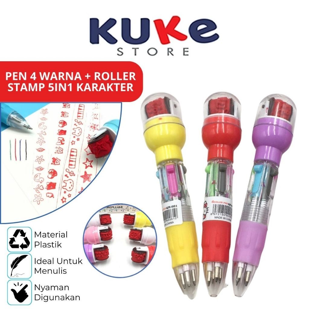 

KUKE Pulpen 4 Warna Pendek + Roller Stamp / Pen 5in1 Multicolor / Pulpen Mekanik Bergambar Lucu / Ballpoint Perlengkapan Menulis Warna-Warni Pena 0.5mm / Bolpen Karakter Bentuk Lucu / Peralatan Anak Sekolah Kantor Praktis