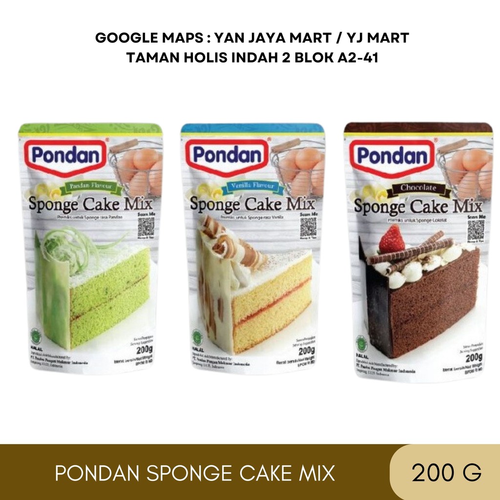 

Pondan Sponge Cake Mix / Tepung Premix Kue Sponge Pandan/Vanilla/Coklat 200G