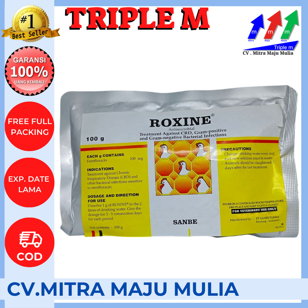 Roxine 100 gram Serbuk Antibiotik Ayam Broiler Layer CRD Collibasilosis dll PT Sanbe Farma