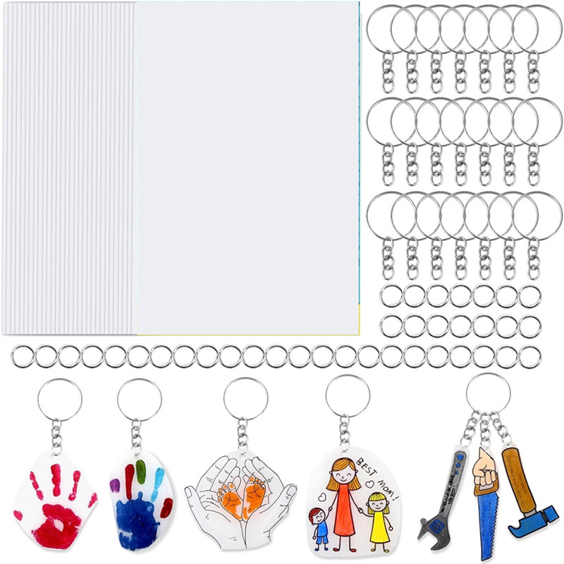 

A23P 30PCS Shrink Plastic Sheets For Kids With 30 Keychains & 100 Jump Rings, Shrink Films Papers For DIY Handprint Keychains