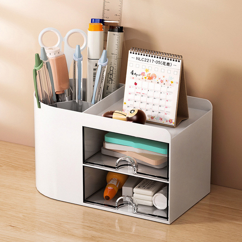 

Simple Pen Holder With Drawer Multifunction Desktop Organizer Stationery Storage Box Student Office Desk Decorations