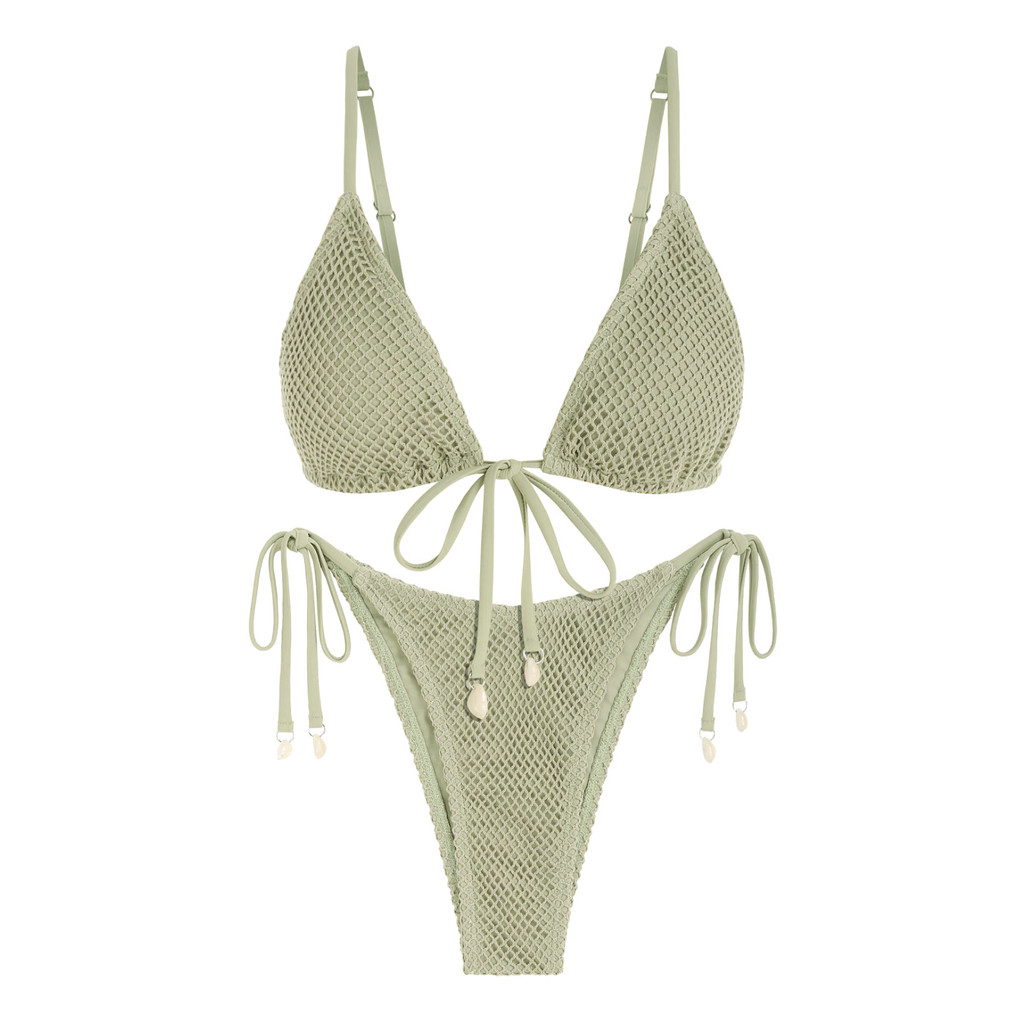 ZAFUL Women's Fishnet Mesh Tie Cami Shell Decor Triangle String Tanga Two Piece Bikini Swimwear