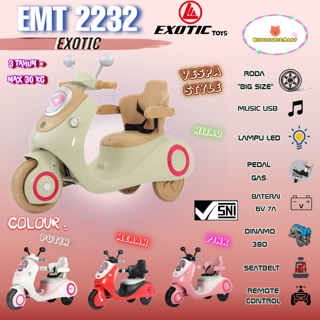 Mainan Motor Aki Anak Exotic EMT 2232 Model VESPA Remote Lampu Musik Pengaman Samping Roda Anti Slip