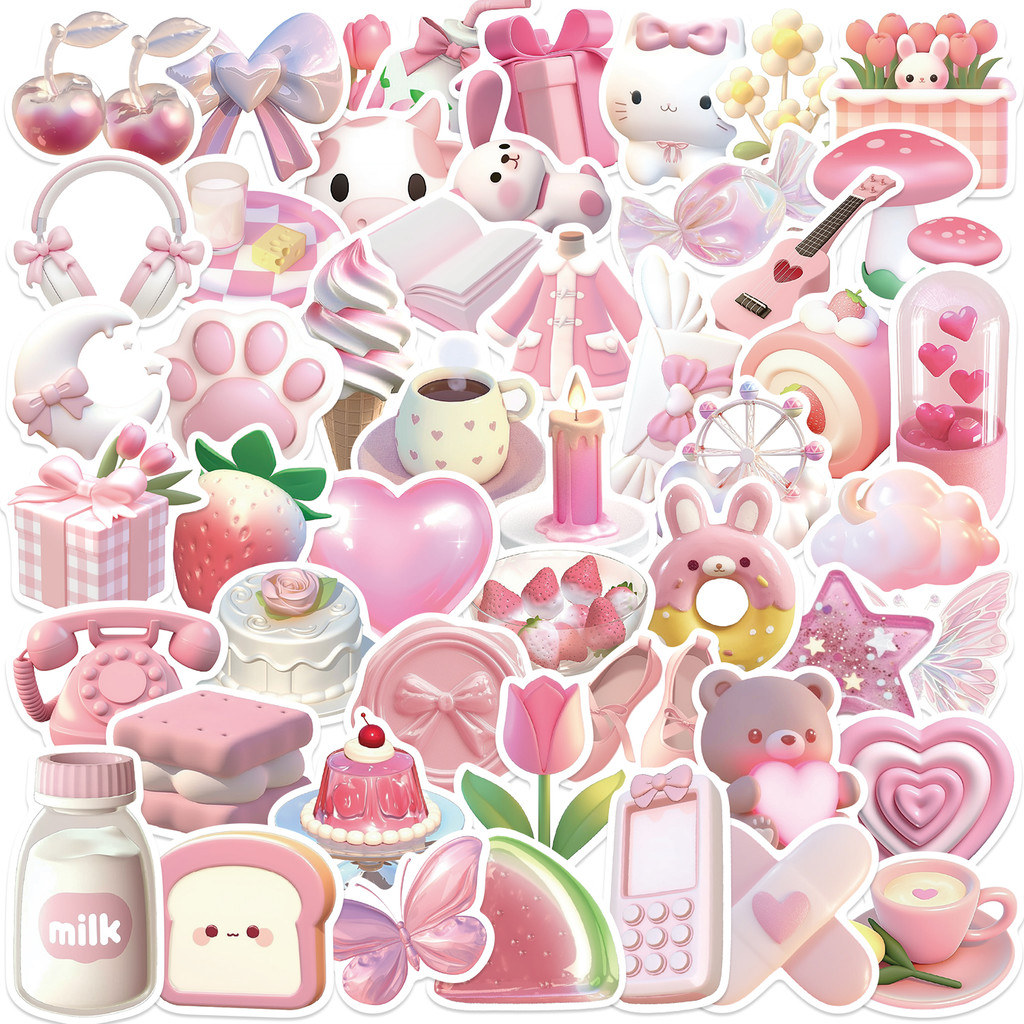 

50PCS Korean Ins Style Pink High-Value Realistic 3D Mobile Phone Case Computer Water Cup Decoration Stickers