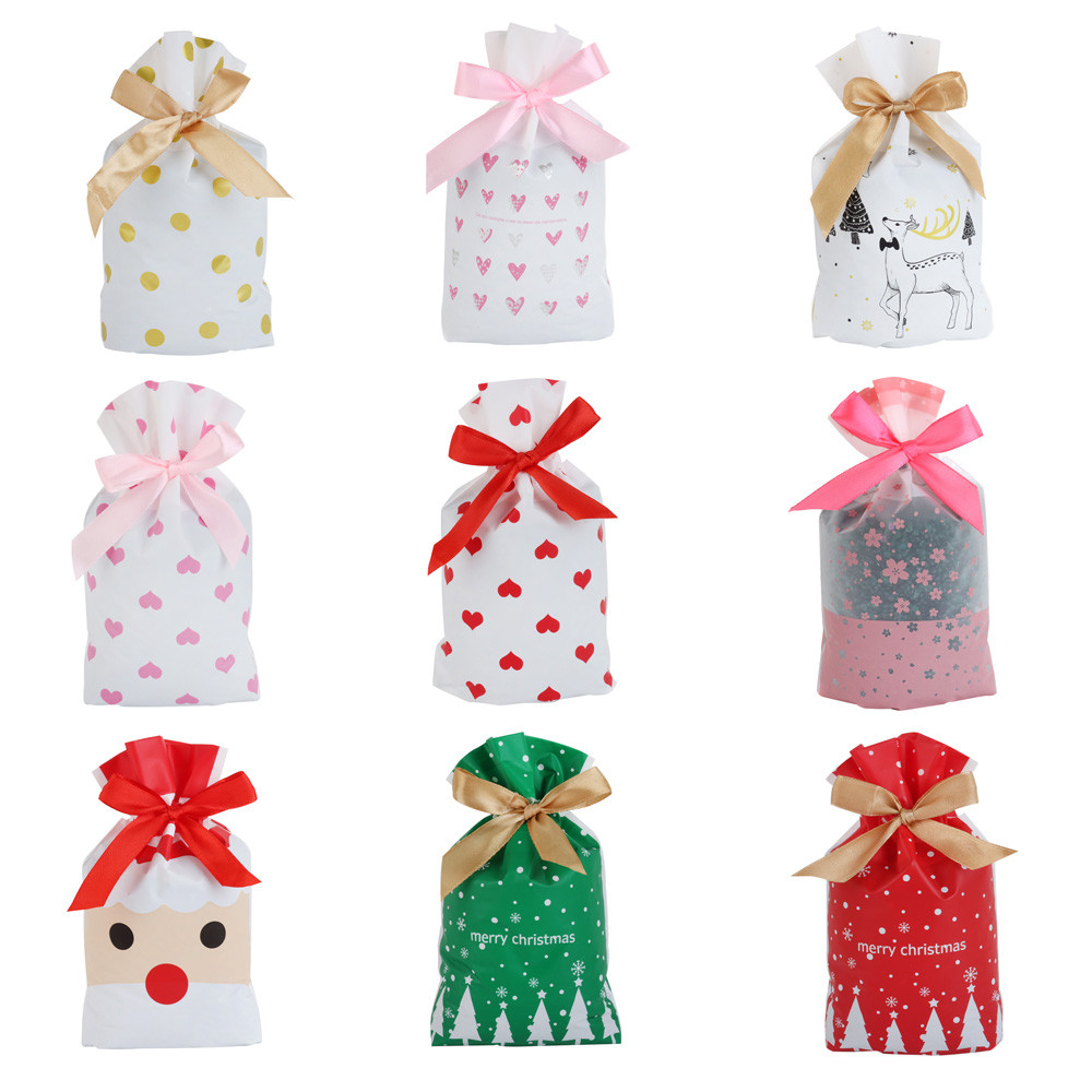 

10/25pcs Heart Point Pattern Candy Packaging Bags Plastic Gifts Bag Party Wedding Christmas Bow Silk Candy Drawstring Pouches