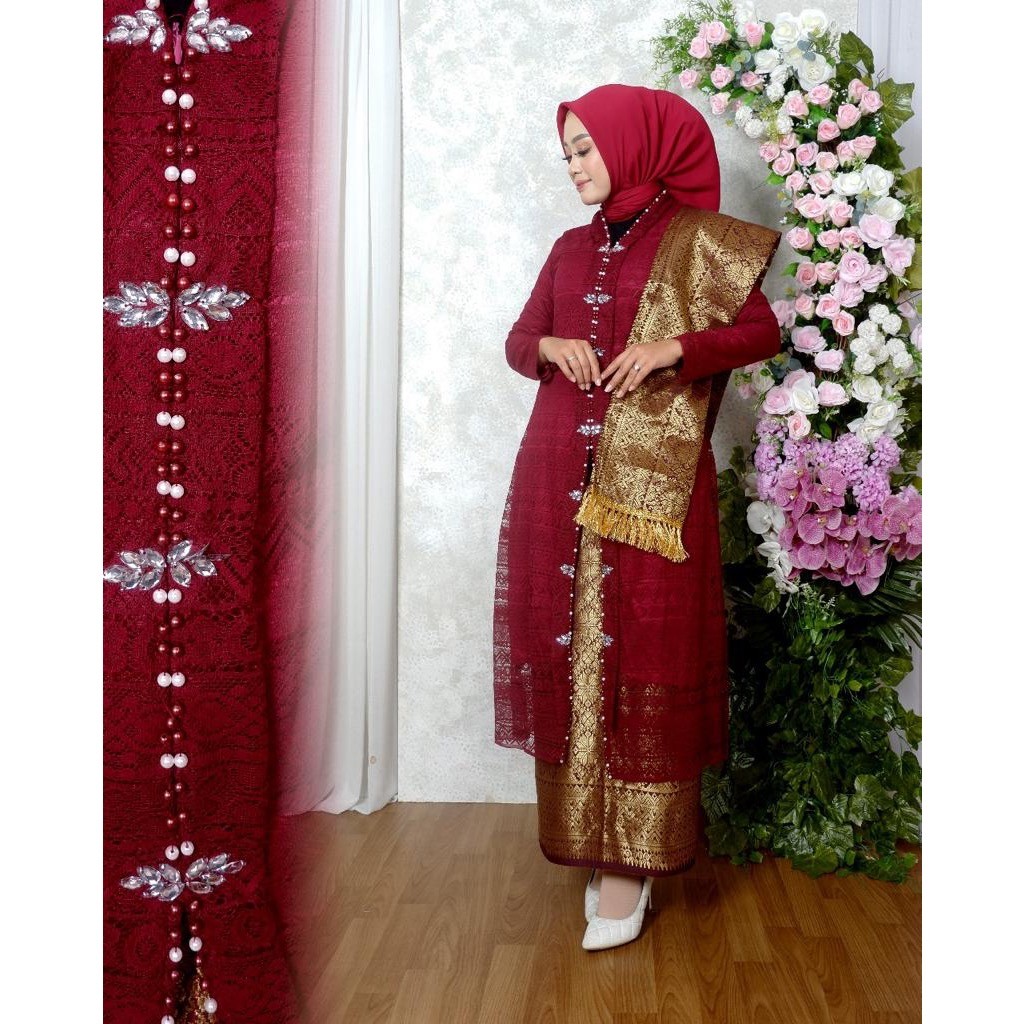 FM - Setelan kebaya tunik Rosidah payet kombinasi rok dan selendang songket - baju kebaya wanita mod