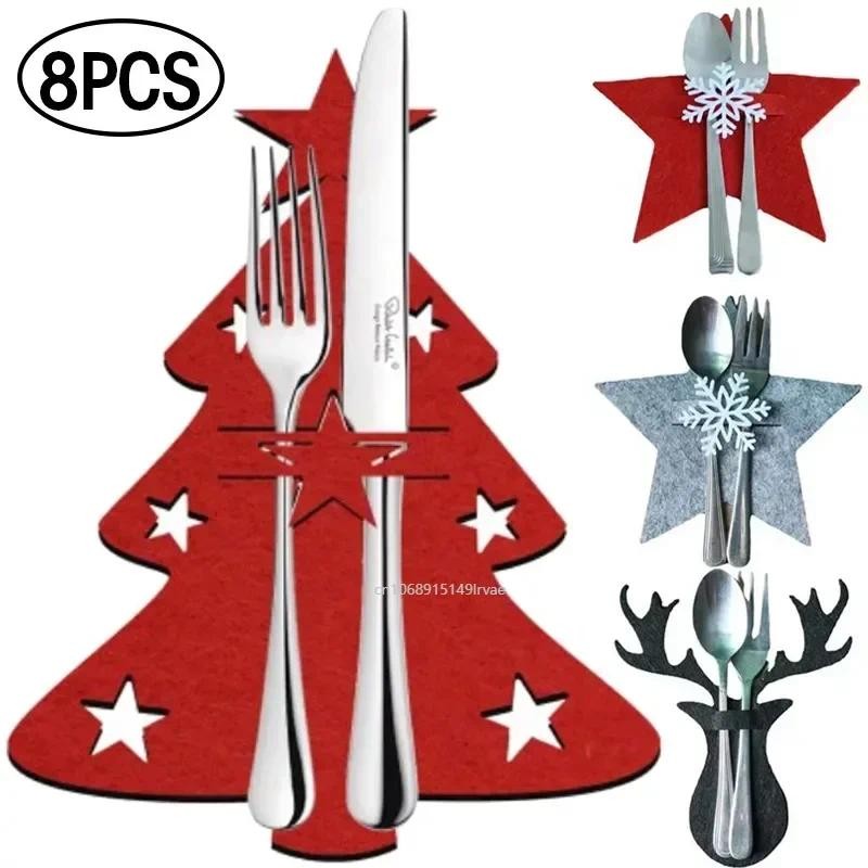 ristmas Cutlery Holder Knife Fork Spoon Pocket Bag Stars Tree Elk Tableware Cover New Year Xmas Part