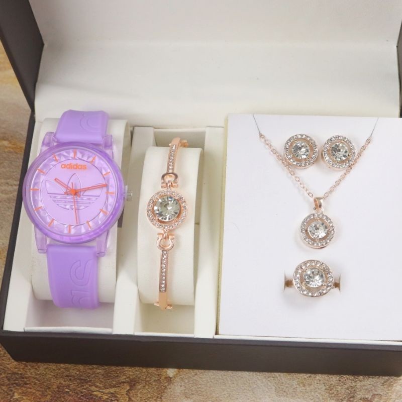 ( PROMO) JAM TANGAN WANITA ADIDAS TALI RUBBER DM 3.4CM FREE GELANG,KALUNG,CINCIN,ANTING DAN BOX ANAL