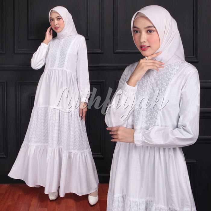 GAMIS KATUN PUTIH / GAMIS KATUN MOTIF TIMBUL Katun Polos Putih cantik jepang rempel  kombinasi Karet
