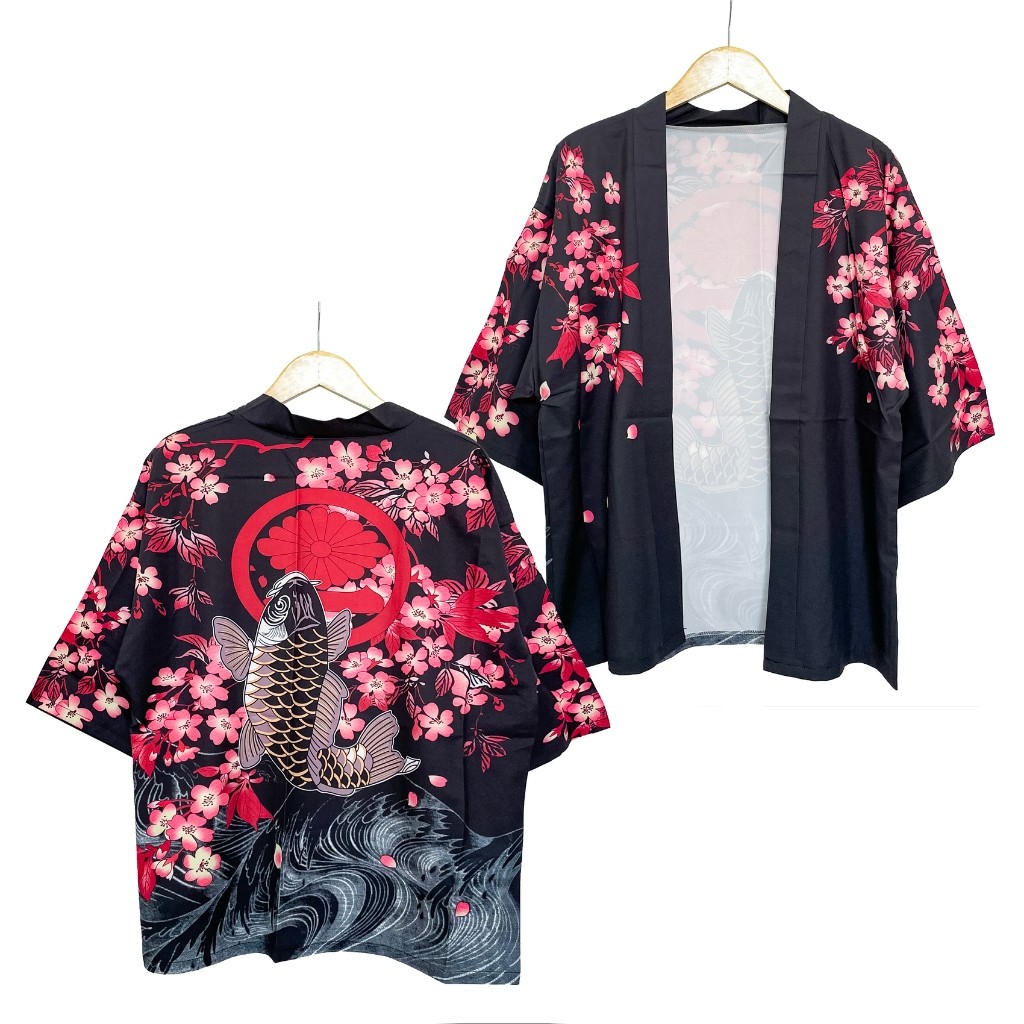 LADY COLLECTION kimono haori yukata outer motif ikan koi bunga sakura Unisex pria/wanita D75