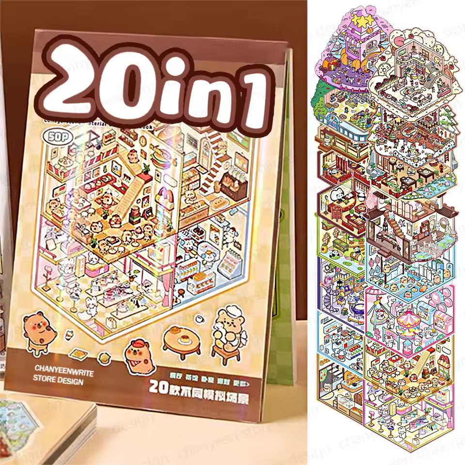 

20 in1 3D Landscape Sticker Collection Book Album Cartoon Scene DIY Toy Game Festival Birthday Gift for Kid Girl Child