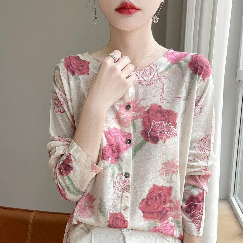 Spring And Summer New Lyocell Water-Soluble Wool Blended Round Neck Knit Cardigan Long Sleeve Femini