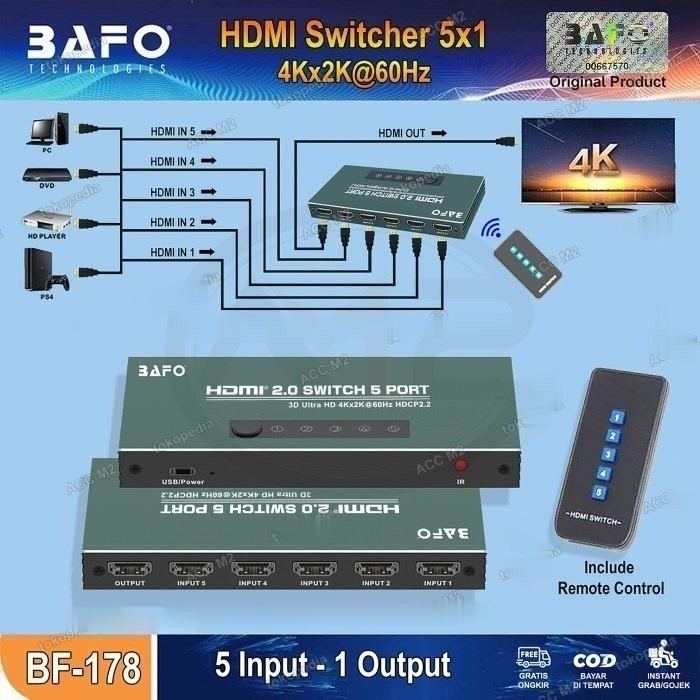 BAFO HDMI Switcher 5 IN 1 OUT 4K Switch 5 PORT HDMI 2.0 ORIGINAL BAFO BF-178