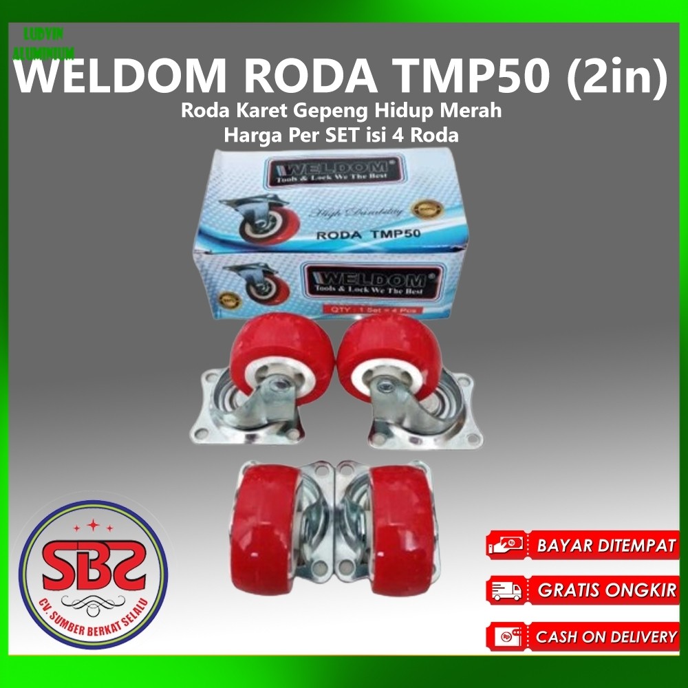 WELDOM Roda Karet Hidup Merah 2 inchi isi 4 pcs / Roda Karet Gepeng Hidup Merah Weldom (Roda Bundar 