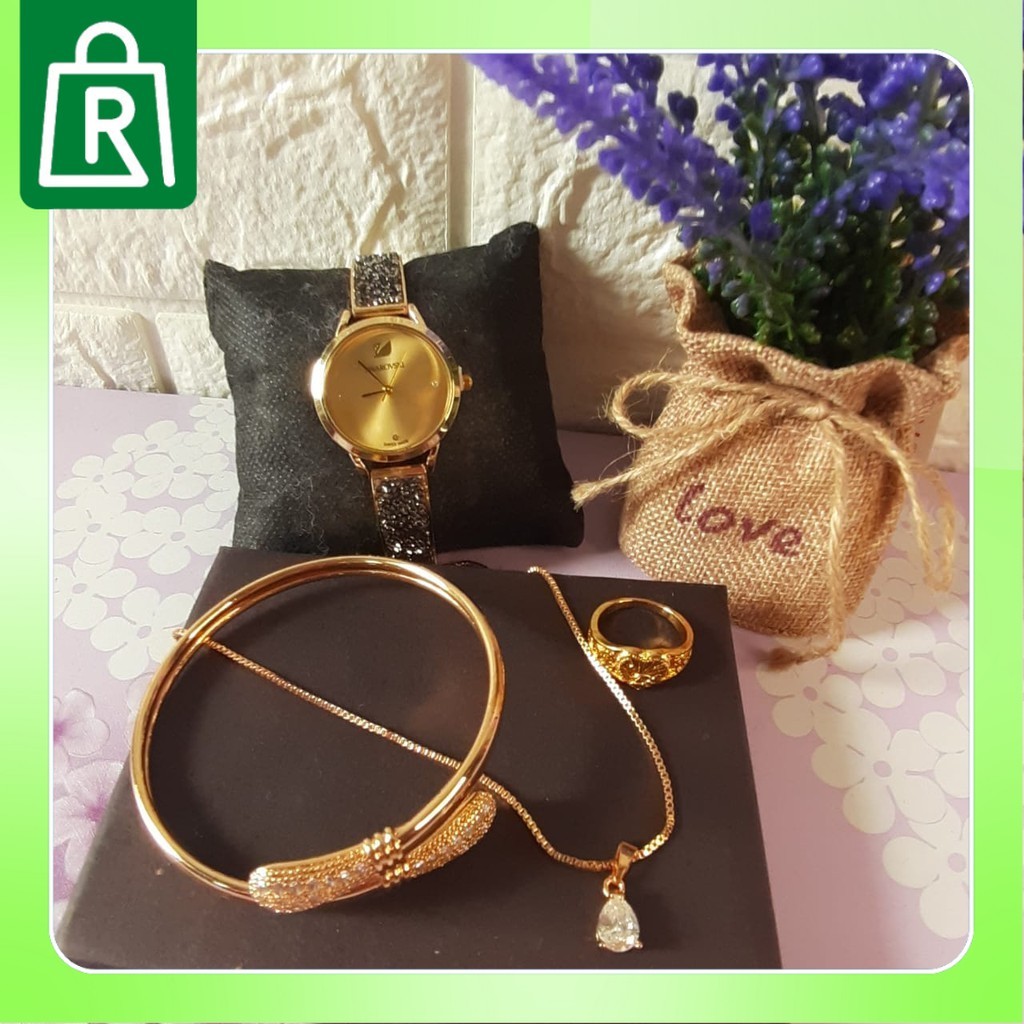 Jam tangan Wanita Set Paket Jam Tangan Rantai Mata Fashion Wanita Paket Jam Kalung Cincin Gelang Tit