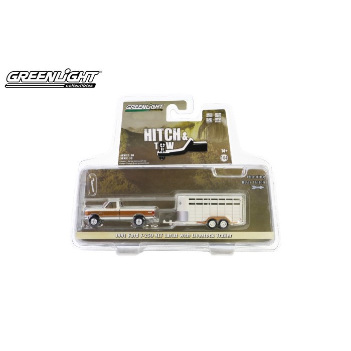Diecast Greenlight Hitch and Tow 1991 Ford F-250 XLT Lariat with Livestock