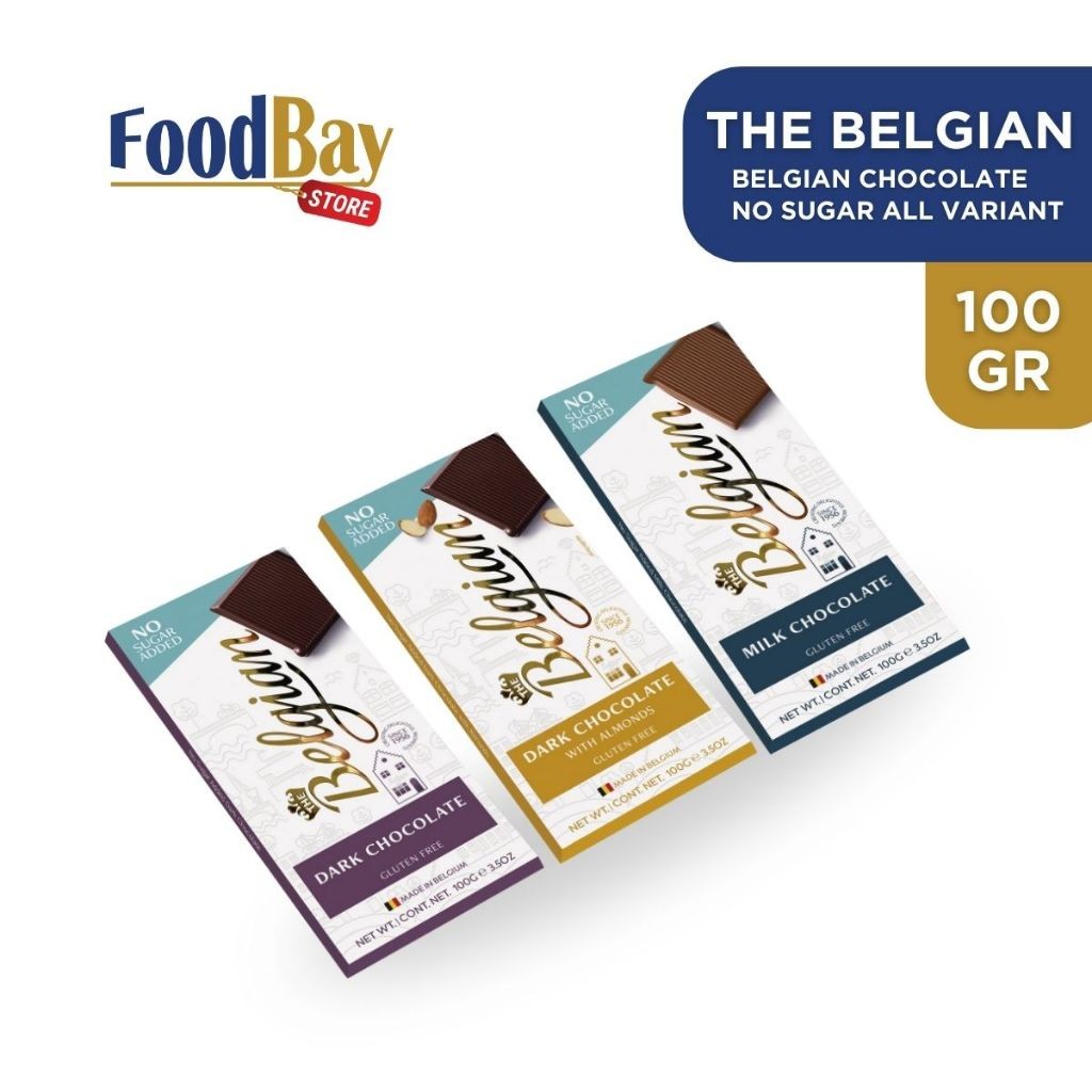 

THE BELGIAN Chocolate No Sugar Added Dark Chocolate, Chocolate With Almond, Milk Chocolate 100 gr