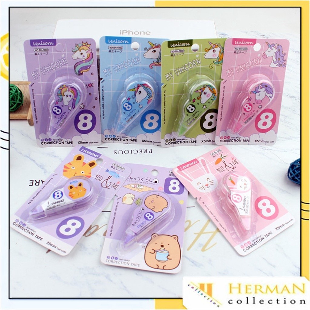 

HC Correction Tape 8 Meter Students Stationary School Supplies Multiple Color 8M Karakter Lucu Unicorn Penghapus Pena Roll Kertas Mini