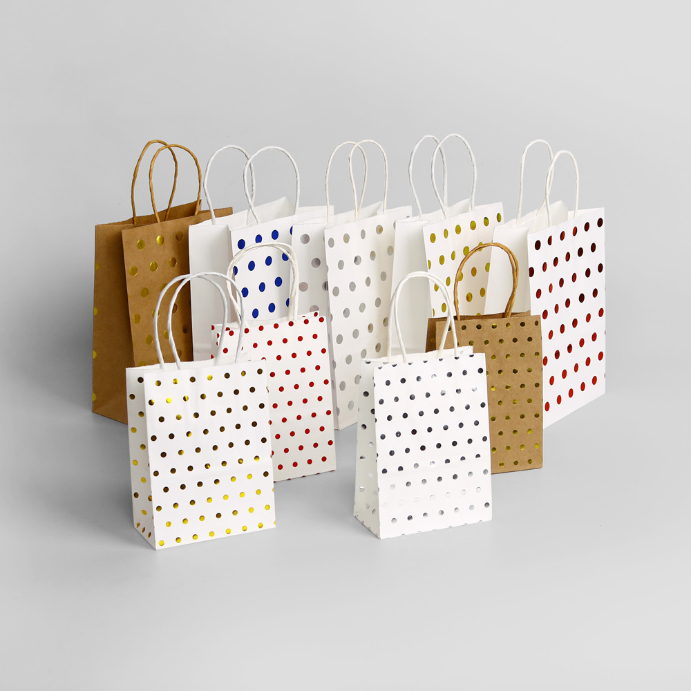 

5pcs Kraft Paper With Handle Bags Round Dots Bronzing Carry Paper Bag Birthday Wedding Party Gift Shopping Packaging Bags