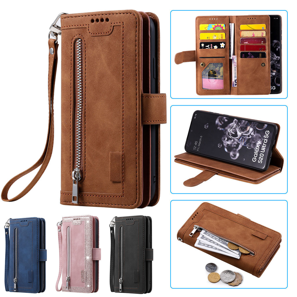 Multi 9 Cards Zipper Wallet Case For Samsung Galaxy A72 4G 5G A52 A42 A32 A22 A12 Retro Leather Lany