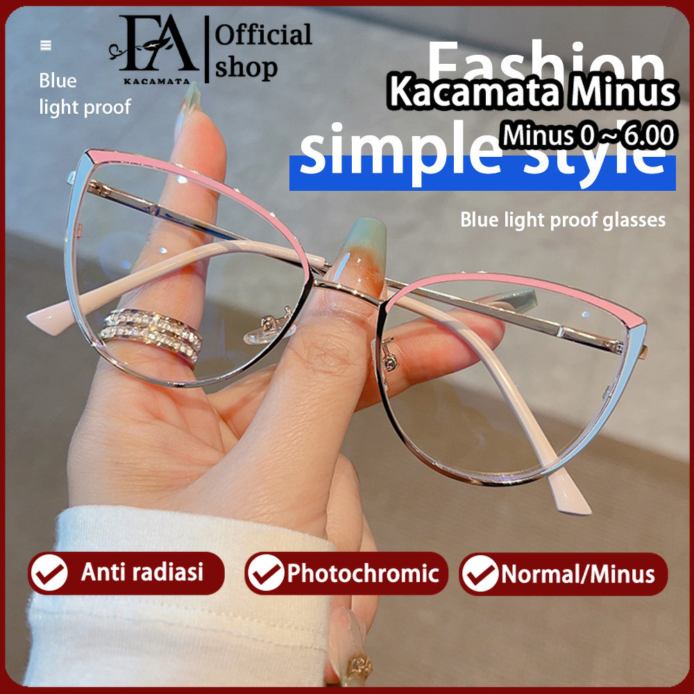 FOMAMATA Kacamata Photocromic Anti Blueray Minus Silinder Wanita Cat Eye Bluecromic Kaca Mata Optik