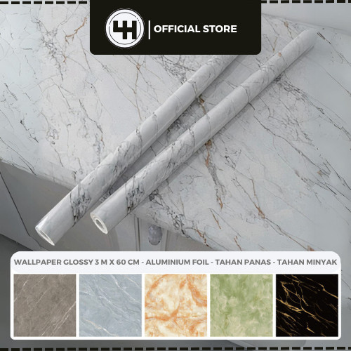 [35 Motif] Wallpaper Glossy Marmer Marble Polychrome Marmer Dapur Meja Furniture 3 m x 60 cm Glossi 