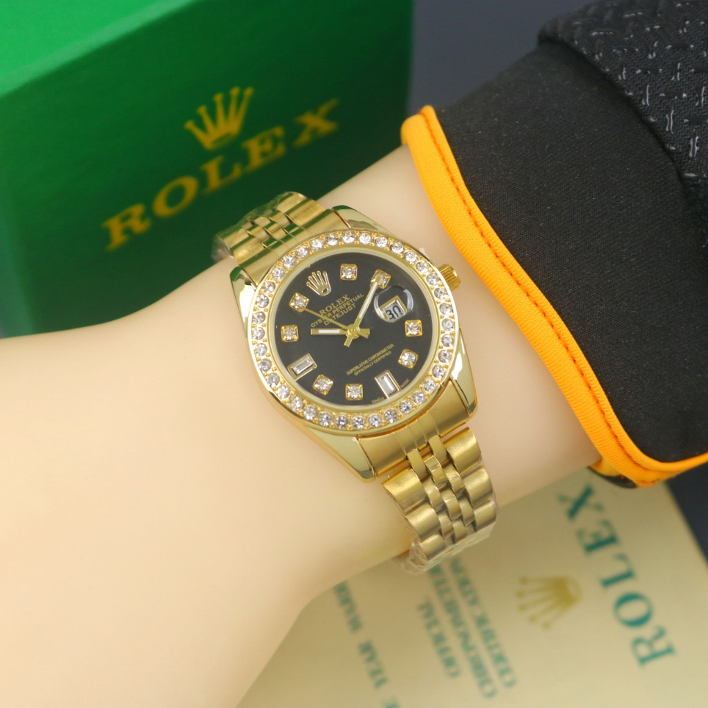 PROMO Jam Tangan Wanita Rolex Date Permata Besar Strap Rantai Tanggal Aktif  Free Box