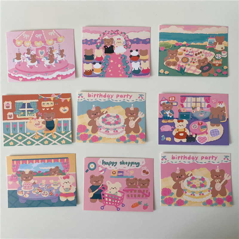 

Korean Ins Picnics Bear Cute Postcard 9 Sheets Double Sided Kawaii Decorative Card DIY Room Wall Sticker Cartoon Greeting Card
