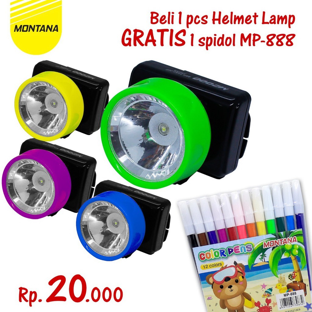 

MONTANA Bundling Senter Kepala Hadiah Spidol 12 Warna Helmet Lamp Free Marker Color MP-888