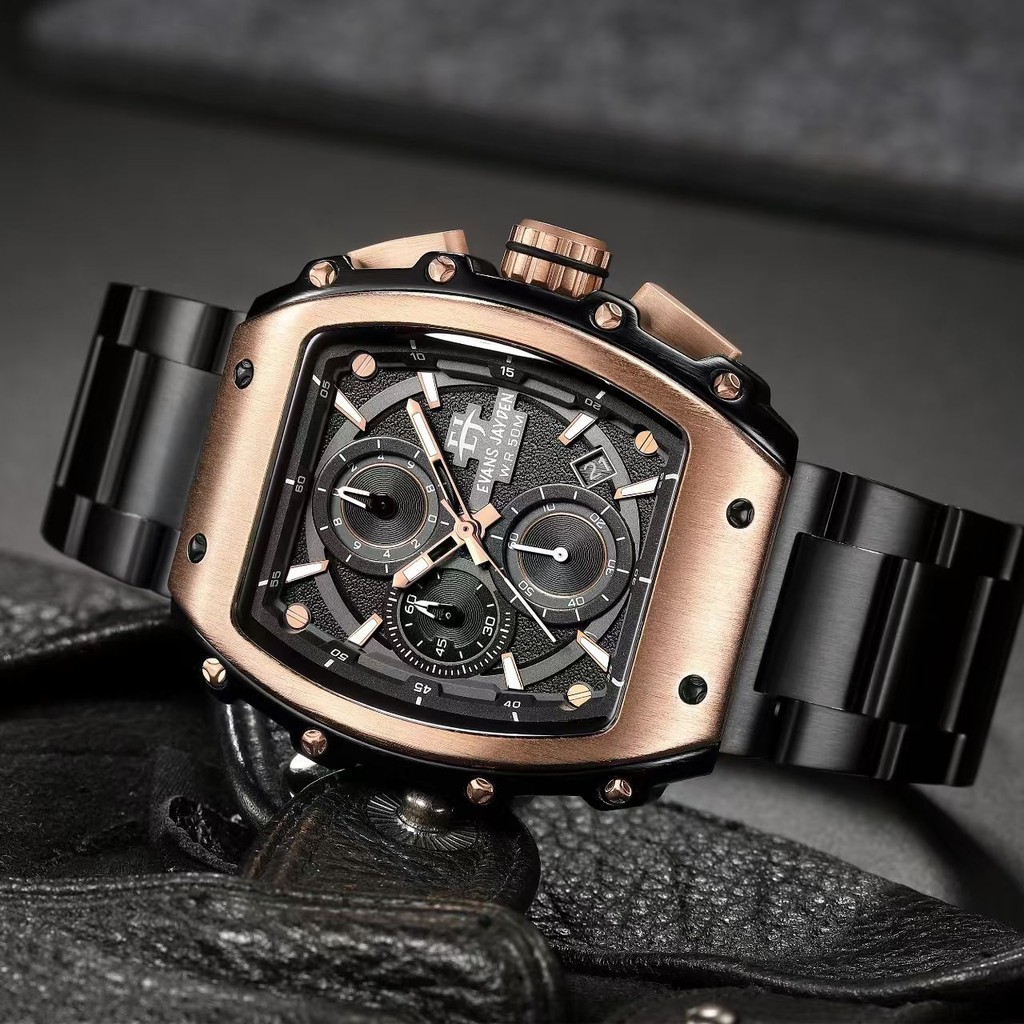 [ LIVE ] Evans Jayden Jam Tangan Pria 9599 Rantai Stainless Steel Chrono Kaca safir tahan air 5 ATM