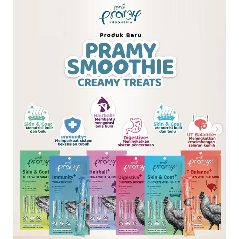 [SUNNYPAWS] PRAMY SMOOTHIE 14 GR x 4 Pcs Cat Snack Cemilan Liquid Creamy Treats Kucing Tuna Chicken