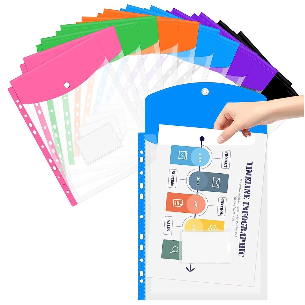 

A4 Clear Plastic Punched Pockets with Button Closure for Home Office and School Files 11 Hole Binder Envelopes Folders Organizer